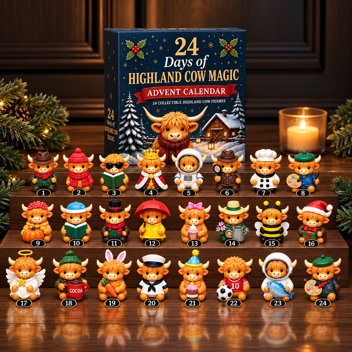 24 Days of Highland Cow Magic Advent Calendar – 24 Collectible Christmas Cow Figures
