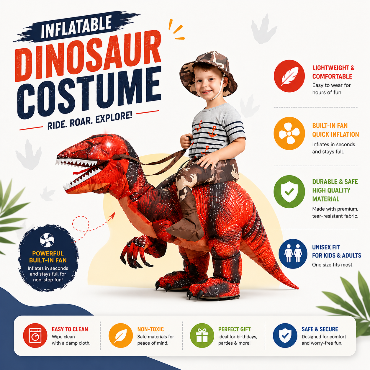 Kids Ride-On Inflatable Dinosaur Costume with Built-In Fan